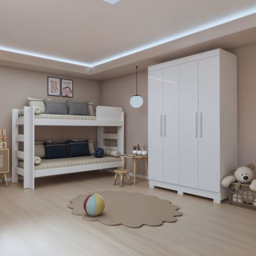 Quarto Infantil Completo com Guarda-roupa e Beliche Théo Branco