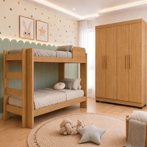 Quarto Infantil Completo com Guarda-roupa e Beliche Théo Amadeirado