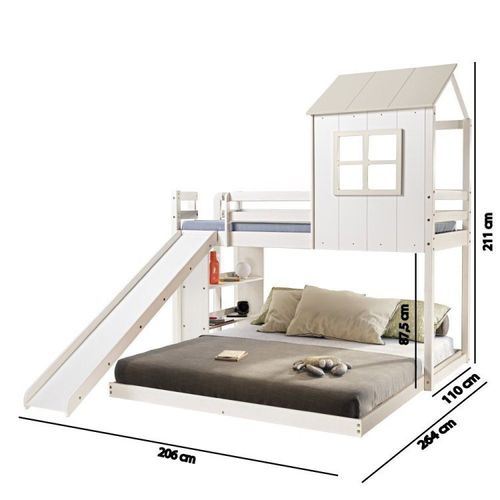 Beliche Queen Montessoriano Cabana Family com Escorregador e Estante Casatema Branco/Offwhite