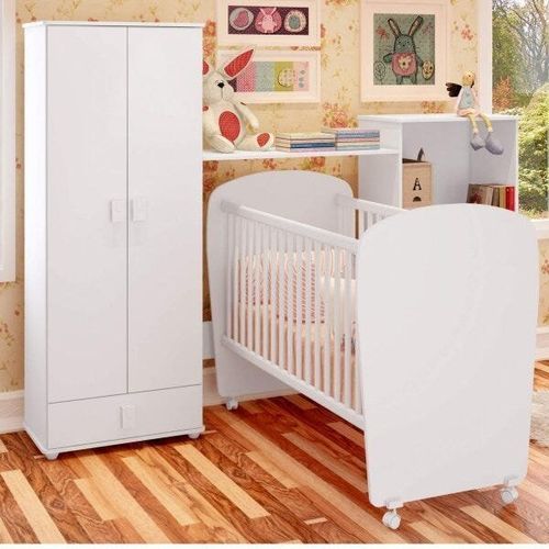 Conjunto de Bebê Sonho Mágico com Guarda Roupa 2 Portas, Cômoda e Berço Espresso Móveis Branco