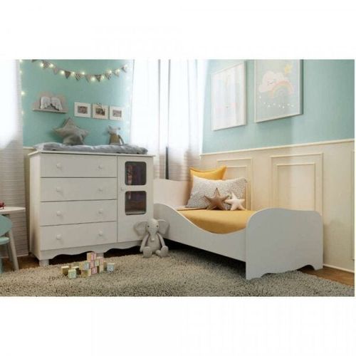 Conjunto Quarto Infantil com Cômoda 4 Gavetas e Mini Cama com Proteção Lateral Uli Espresso Móveis Branco
