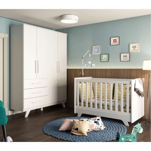 Conjunto para Quarto de Bebê com Guarda Roupa 4 Portas 3 Gavetas e Berço Retrô Branco Brilho