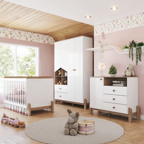 Conjunto Quarto de Bebê Completo Berço 2 em 1, Guarda-Roupa e Cômoda Yuri Espresso Móveis Branco/Jequitibá HP