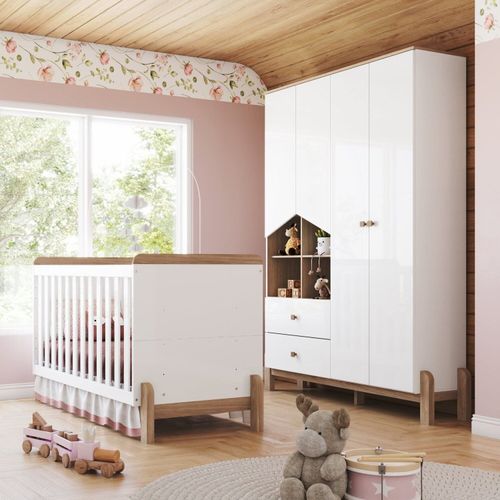 Conjunto Quarto de Bebê Berço 2 em 1 e Guarda-Roupa Yuri Branco/Jequitibá HP