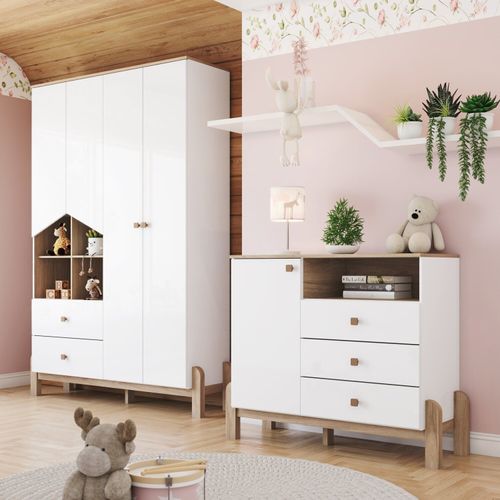 Conjunto Quarto de Bebê Guarda-Roupa e Cômoda Yuri Branco/Jequitibá HP