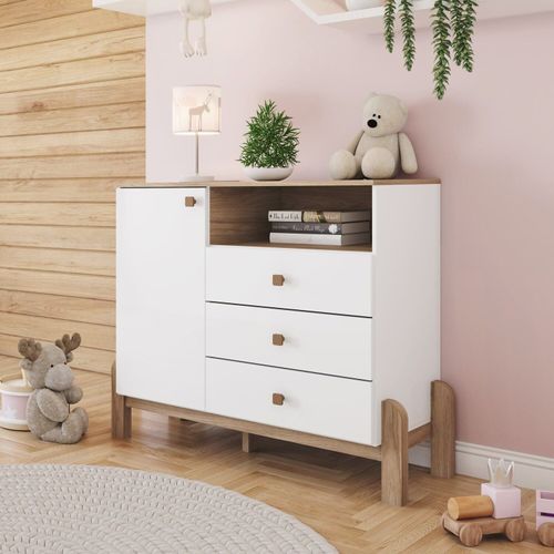 Cômoda Infantil Yuri 1 Porta 3 Gavetas Espresso Móveis Branco/Jequitibá HP Branco e Jequitibá HP