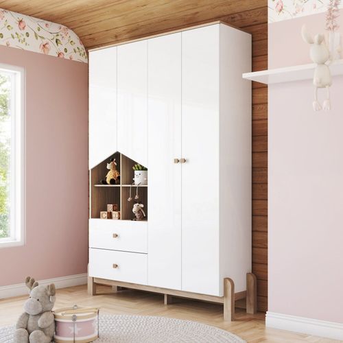 Guarda-Roupa 4 Portas 2 Gavetas Yuri Espresso Móveis Branco/Jequitiba Branco e Jequitiba