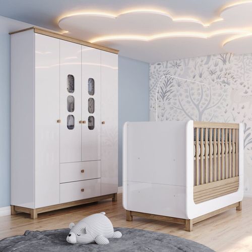Conjunto Quarto de Bebê Berço 2 em 1 e Guarda-Roupa Sophia Espresso Móveis Branco e Jequitibá HP