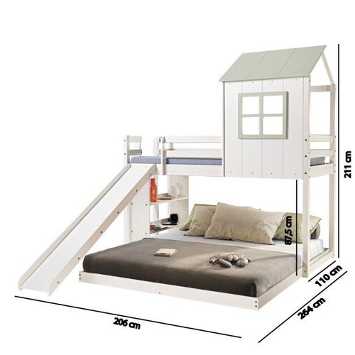 Beliche Queen Montessoriano Cabana Family com Escorregador e Estante Casatema Branco/Verde
