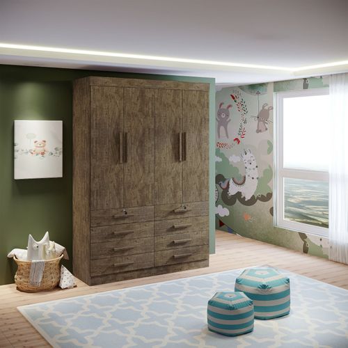 Guarda-Roupa Infantil 4 Portas Frente MDF Puxador de Madeira Aquarela Ypê