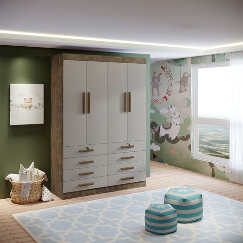 Guarda-Roupa Infantil 4 Portas Frente MDF Puxador de Madeira Aquarela YPE / OFF WHITE