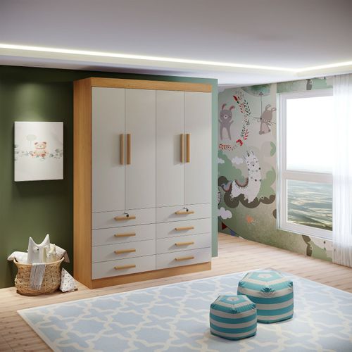 Guarda-Roupa Infantil 4 Portas Frente MDF Puxador de Madeira Aquarela Marrom/Cinamomo/Off White Cinamomo/Off White