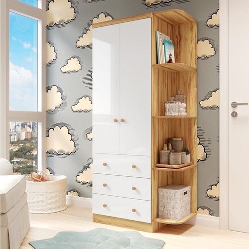 Guarda-roupa Infantil 2 Portas 3 Gavetas e Prateleira Externa 100% Mdf Smim Branco Brilho/Amêndoa