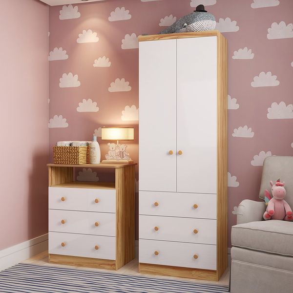 Quarto Infantil com Guarda-roupa 2 Portas 3 Gavetas e Cômoda 3 Gavetas Teka Espresso Móveis Branco Brilho/Amêndoa