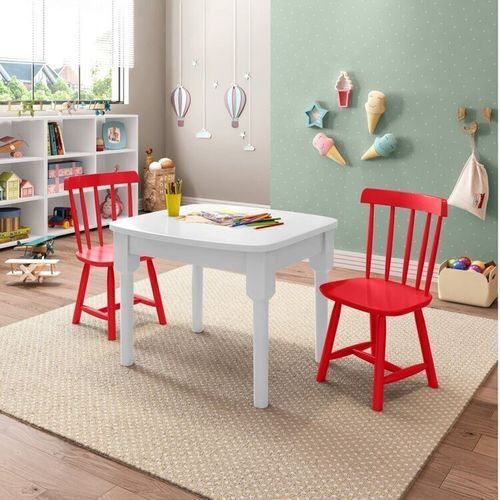 Mesa Infantil com 2 Cadeiras Mariah Madeira Maciça e Laca Casatema Branco/Vermelho Branco/Vermelho