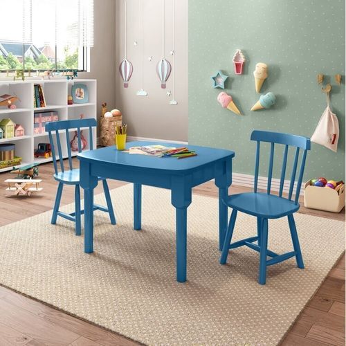 Mesa Infantil com 2 cadeiras Mariah Madeira Maciça e Laca Casatema Azul Zimbro