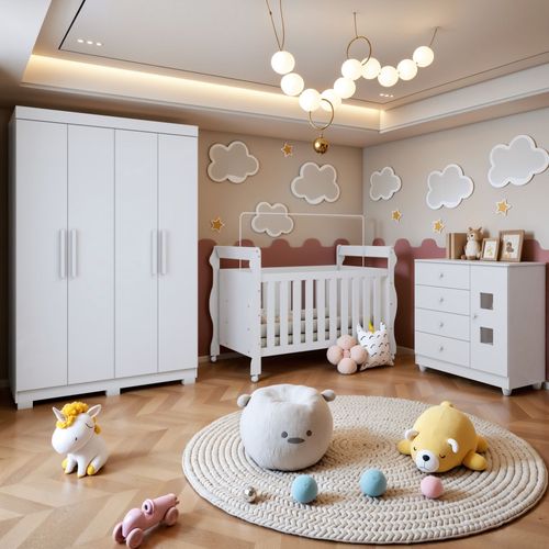 Quarto de Bebê Completo com Guarda-roupa, Berço e Cômoda Lipe Branco
