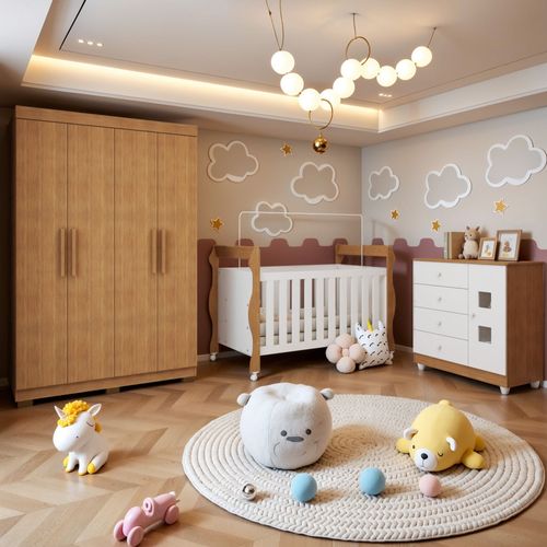 Quarto de Bebê Completo com Guarda-roupa, Berço e Cômoda Lipe Amadeirado/Branco