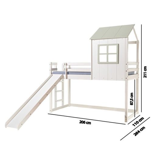 Cama Alta Infantil Cabana Family com Escorregador Branco/Verde - Casatema