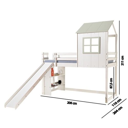 Cama Alta Infantil Cabana Family com Escorregador e Estante Branco/Verde - Casatema