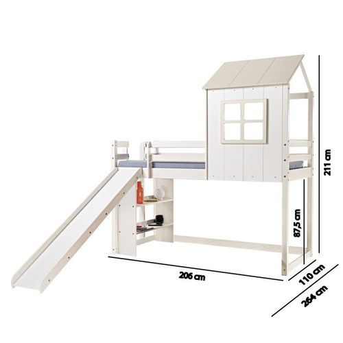 Cama Alta Infantil Cabana Family com Escorregador e Estante Branco/Off White - Casatema