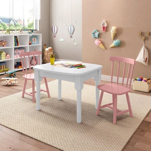Mesa Infantil com 2 Cadeiras Mariah Madeira Maciça e Laca Casatema Branco/Rosa Branco/Rosa