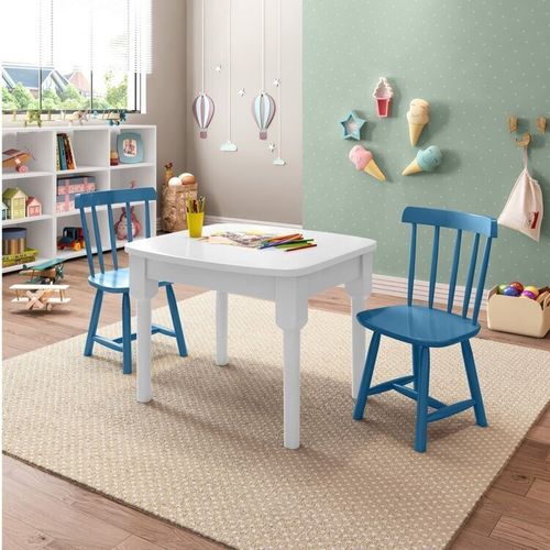 Mesa Infantil com 2 cadeiras Mariah Madeira Maciça e Laca Casatema Branco/Azul Zimbro
