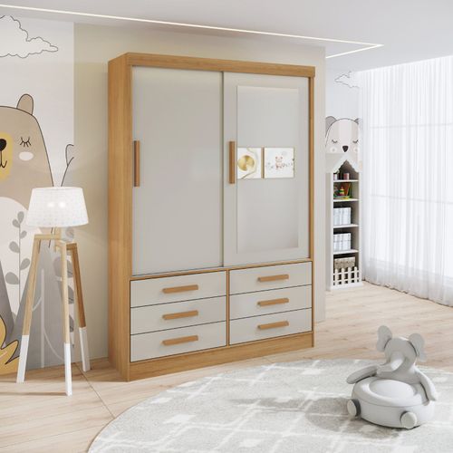 Guarda-Roupa Infantil 02 Portas de Correr com Espelho Carrossel Cinamomo/Off White