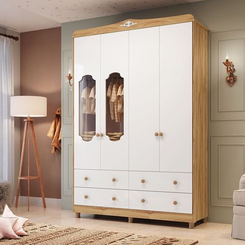 Guarda-Roupa de Bebê 156,80cm 4 Portas com Janela 4 Gavetas 100% MDF Maya Provençal Yescasa Branco Branco Brilho/Amêndoa