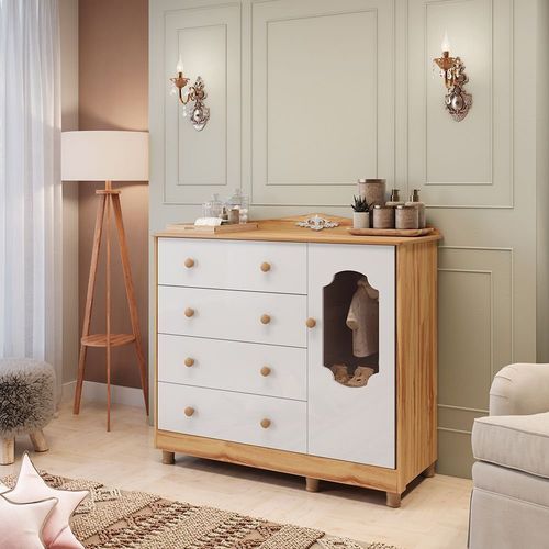 Cômoda de Bebê 120,30cm 1 Porta com Janela e 4 Gavetas 100% Mdf Maya Provençal Yescasa Branco Brilho/Amêndoa