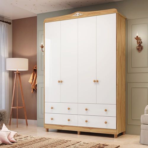 Guarda-Roupa de Bebê 156,80cm 4 Portas e 4 Gavetas 100% MDF Maya Clássico Espresso Móveis Branco/ Branco Brilho/Amêndoa