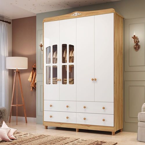 Guarda-Roupa de Bebê 156,80cm 4 Portas com Janela e 4 Gavetas 100% MDF Maya Clássico Espresso Móv Branco Brilho/Amêndoa