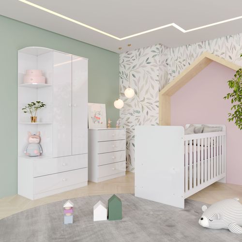 Quarto de Bebê com Guarda-roupa 2 Portas Cômoda e Berço Labirinto Branco