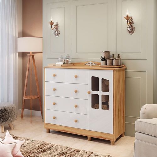 Cômoda de Bebê 120,30cm 1 Porta com Janela 4 Gavetas 100% MDF Maya Clássico Espresso Móveis Bran Branco Brilho/Amêndoa