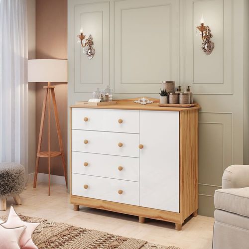 Cômoda de Bebê 120,30cm 1 Porta e 4 Gavetas 100% MDF Maya Clássico Espresso Móveis Branco/Brilho/Amêndoa Branco Brilho/Amêndoa