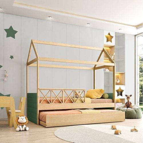 Bicama Solteiro Infantil Casinha Garden Reversível com Grade Dupla Casatema Verde/Natural