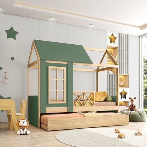 Bicama Solteiro Infantil Reversível Completa Casinha Garden Casatema Verde/Natural