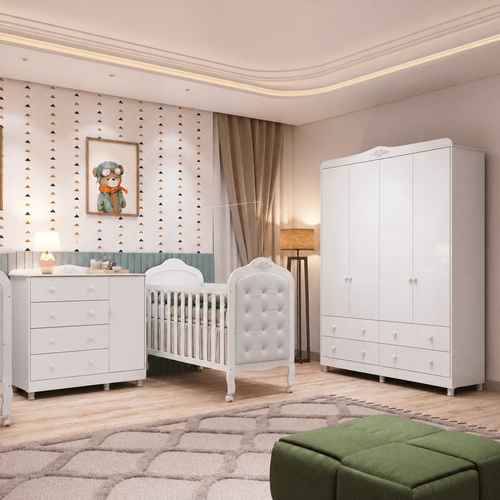 Quarto de Bebê com Guarda-roupa Cômoda e Berço com Capitonê 100% Mdf Maya Clássico Espresso Móveis Branco Brilho