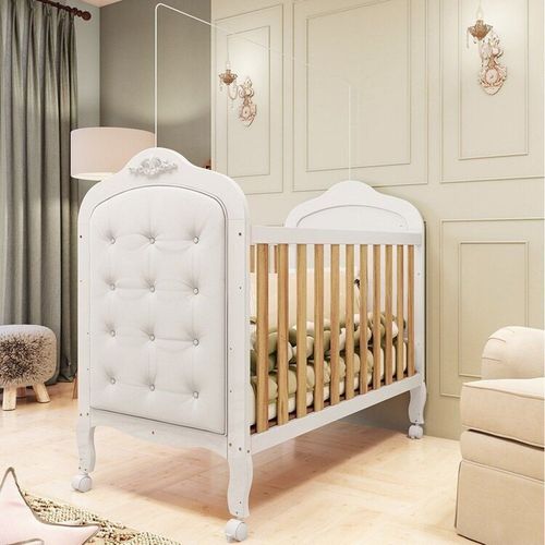 Berço Mini Cama 3 em 1 com Capitonê 100% Mdf Maya Espresso Móveis Branco Brilho/Amêndoa/Branco