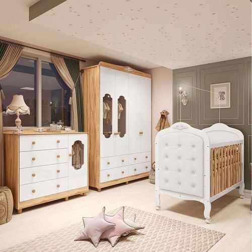 Quarto de Bebê com Guarda-roupa Cômoda e Berço com Capitonê 100% Mdf Maya Provençal Yescasa Branco Brilho/Amêndoa