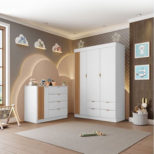 Quarto de Bebê Infantil Completo 01 Guarda-roupa 3 Portas 4 Gavetas com 01 Cômoda 100% Mdf Ayla Branco