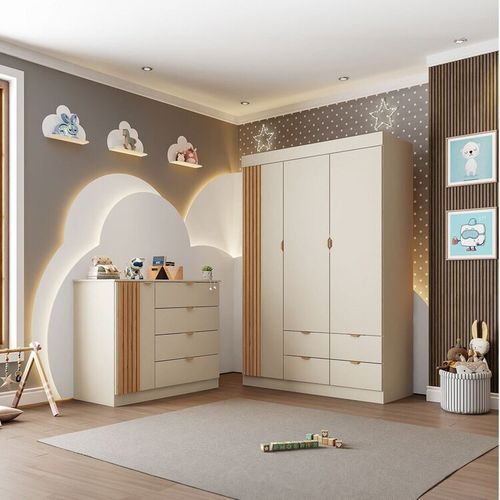 Conjunto Quarto de Bebê MDF Ayla com Guarda-Roupa 3 Portas e Cômoda Off White Off White