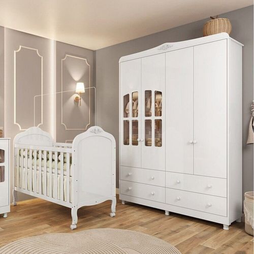 Quarto de Bebê com Berço Mini Cama e Guarda Roupa com Janela Maya Clássico Espresso Móveis Branco Brilho
