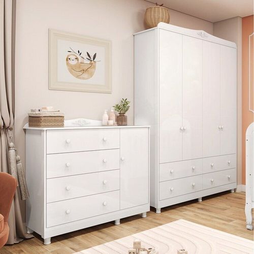 Quarto Infantil com Guarda Roupa 4 Portas e Cômoda 1 Porta 100% MDF Maya Clássico Espresso Móveis Branco Brilho