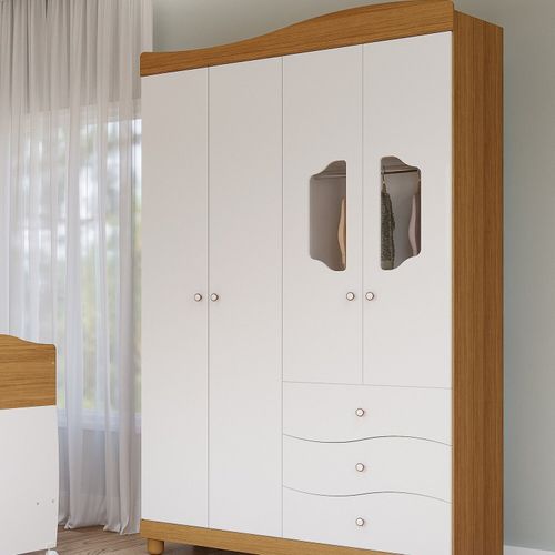 Guarda Roupa de Bebê 4 Portas e 3 Gavetas Soninho Espresso Móveis Nature/Branco