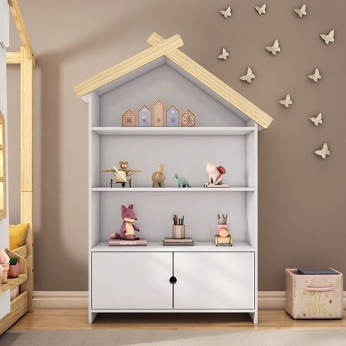 Estante Infantil Casinha MDF/Madeira 2 Portas Casatema Branco/Marrom Branco/Natural