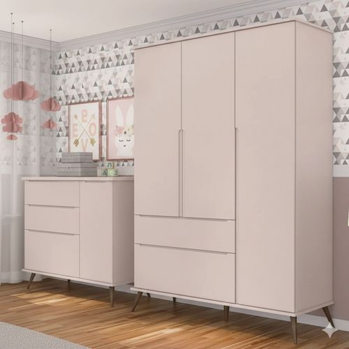 Conjunto Quarto Infantil com Guarda-roupa 3 Portas e Cômoda com Sapateira Melinda 100% Mdf Rosa