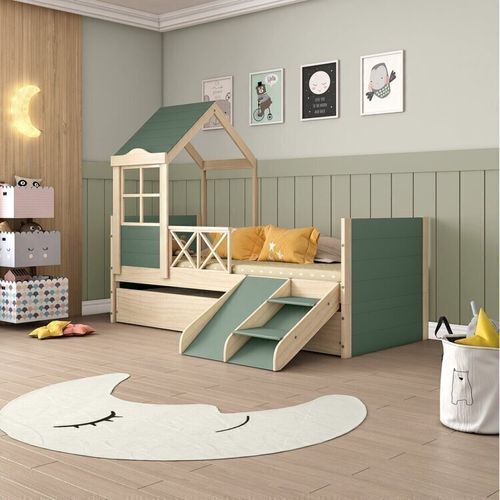 Bicama Solteiro Infantil Garden com Telhado Plus e Kit Escadinha Casatema Verde/Natural