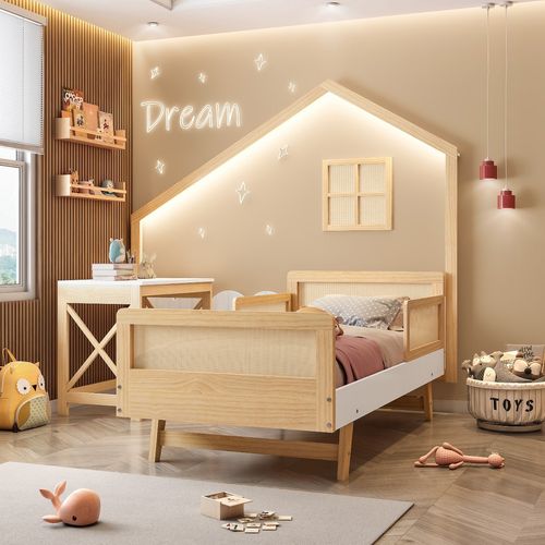 Cama Montessoriana Lift 2 Grades com Escrivaninha e Moldura Infantil com Led Casinha Dream Decor Cas Branco/Natural