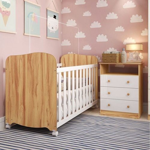 Quarto de Bebê com Cômoda 3 Gavetas e Berço Americano 100% Mdf Teka Espresso Móveis Branco Brilho/Amêndoa